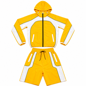 Men's Contrast Panel Windbreaker and Shorts Set Zip Front Hooded Sportswear for Training Activities - Product Image 1