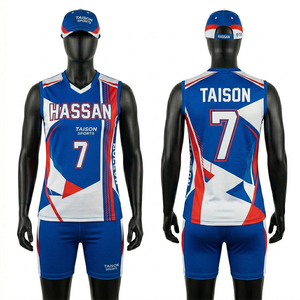 Uniforme de Voleibol para Hombre, Poliéster Interlock GSM Premium, Diseño de Paneles Azul, Rojo y Blanco, Sublimación, Logotipo Personalizado - Product Image 1