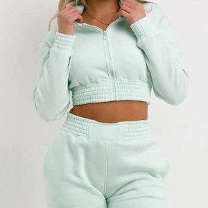 Conjunto de 2 Piezas de Forro Polar para Mujer, Top Corto con Capucha y Pantalones Ajustados, Color Sólido, Estilo Casual Holgado, para Todas las Temporadas - Product Image 6