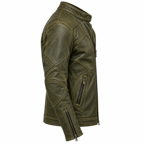 Chaqueta de cuero verde oliva con cuello alto para motociclista, estilo táctico, para carreras, unisex, de piel auténtica, proveedor mayorista - Product Image 3