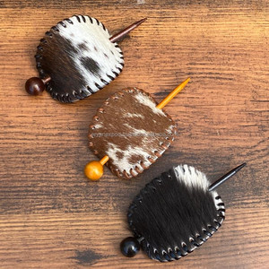 New 2025 Genuine Leather Hair Clips Cowhide Leather Hair Barrette with Wooden Stick Accessories for Women's Hair Ponytail Holder - Product Image 4