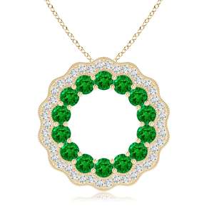 14k Pure <b>Gold</b> Emerald & Diamond Floral Circle <b>Pendant</b> High Quality Customized Handmade Beautiful Round Cluster <b>Pendant</b> Necklace - Product Image 1