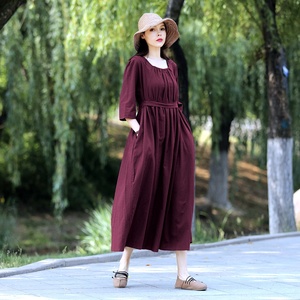 Robe midi vintage en coton biologique, manches 3/4, plissée avec poches, style rétro ample, printemps-été, pour femme, usage quotidien - Product Image 3