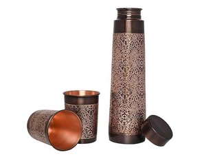 Engraved back antique <b>Copper</b> <b>Bottle</b> 1 Litre With Glass <b>Copper</b> <b>Bottle</b> Leak Proof Food Safe Dishwasher Microwave Safe 950ml - Product Image 1