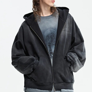 Custom Heavy <b>Weight</b> Double Zipper-up Hoodie Black Vintage Distressed Streetwear Acid Wash 400GSM Hoodie <b>Blank</b> Hoodies for Men - Product Image 1