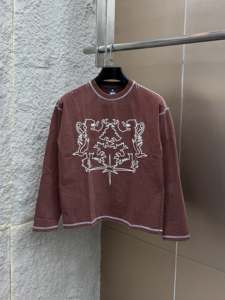 T-shirt à manches longues surdimensionné pour homme avec motif lion, bordure contrastée, col rond, jersey décontracté, tricoté, 100% coton, haut éco-responsable - Product Image 3