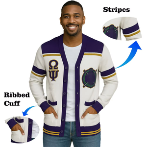 Psi Phi <b>Cardigan</b> White Purple Gold V Neck Embroidered Greek Letters Preppy Style Autumn Sweater Adult Full Sleeve - Product Image 2