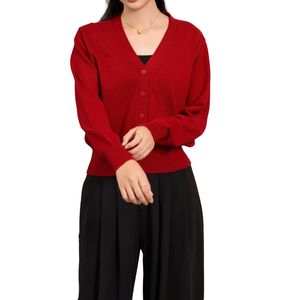 Cardigan en Laine pour Femme 100% Laine Tricoté Automne Chaud Rouge Géométrique Logo Avant Décontracté OEM ODM Personnalisé Vente en Gros Échantillon Gratuit - Product Image 3