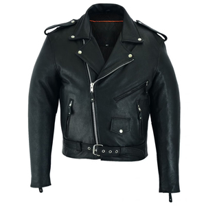 Veste de moto en cuir véritable pour homme, noire, col rabattu, fermeture éclair, ceinture, coupe classique, pour l'hiver - Product Image 1