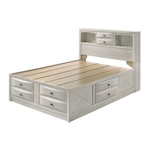 <b>Queen</b> <b>Bed</b> Frame <b>with</b> Integrated <b>Storage</b> Drawers and Compartments 1pc Neutral White Finish Up-Holstered <b>Bed</b> - Product Image 3