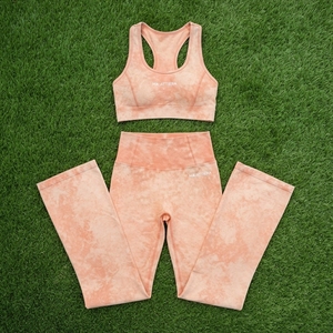 Women Peach Acid Wash <b>Yoga</b> Set Sports Bra High Waist <b>Flared</b> <b>Leggings</b> Gym Fitness Workout Activewear - Product Image 6