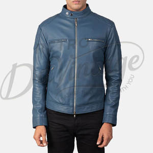 Veste en cuir bleu ardoise pour homme, matelassée losanges aux épaules, en véritable peau de mouton, coupe ajustée, automne-hiver, style décontracté, veste de motard - Product Image 3