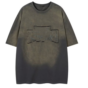 Camiseta Oversize Negra Vintage Lavada para Hombre, 260GSM, Algodón Pesado, Bordado de Letras Góticas en Relieve, Estilo Urbano, Manga Larga - Product Image 1