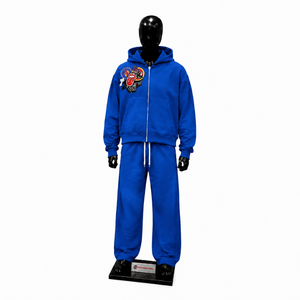 Conjunto Deportivo Azul para Hombre, Sudadera con Capucha y Cremallera Completa, Pantalones Anchos, Estilo Urbano, Chaqueta con Parche Bordado, Pantalones a Juego - Product Image 1