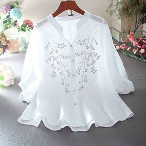 Women's Elegant Floral Embroidery Chiffon Blouse 2026 Ivory White Puff Sleeve V-Neck Button <b>Down</b> Luxury Party Wear Summer Top HD - Product Image 5