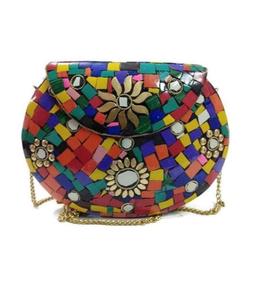 Folk Art Brass Clutch <b>Bag</b> With Gold Plated <b>Studs</b> And Colorful Stones Circular Shape Metal Craft - Product Image 1