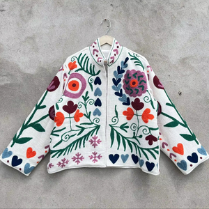 Women <b>White</b> Cotton Suzani Embroidered <b>Jacket</b> Multicolor Floral Handcrafted Boho Ethnic Stand Collar <b>Short</b> Coat - Product Image 1