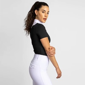 Camisetas de equitación para mujer con etiqueta impresa personalizada, negras, transpirables, de malla ligera, de secado rápido, 100% poliéster. - Product Image 6