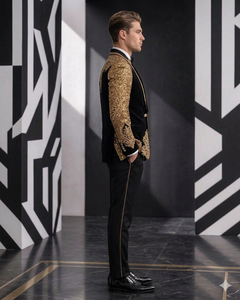 Costume de smoking noir à sequins dorés pour homme, style italien, col cranté, simple boutonnage, revers en velours, tenue de cérémonie - Product Image 5