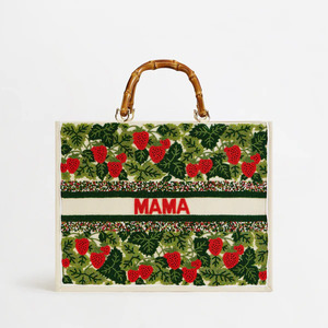 Mama <b>Canvas</b> Summer Tote <b>Bag</b> with Strawberry Pattern Bamboo Handle Open Closure <b>Large</b> Capacity Fashion Women's Shopping <b>Bag</b> - Product Image 3