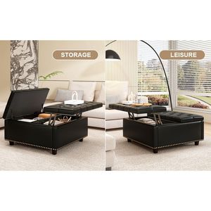 Grande Sgabello Contenitore Quadrato con Due Sportelli, Tavolino da Caffè Moderno Mid-Century, Poggiapiedi per Soggiorno in PU Nero - Product Image 4