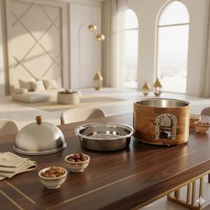 ถาดอุ่นอาหารทรงกลมฐานไม้หรูหรา ฝาปิดสีทองลายตอก พร้อมเครื่องอุ่นอาหารสแตนเลส สำหรับบุฟเฟ่ต์ระดับพรีเมียมและการจัดเลี้ยงที่บ้าน - Product Image 3