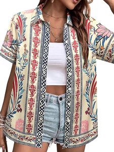 Camisa de mujer con estampado floral tropical de moda, cuello en V, manga corta, abotonada, informal, para la playa - Product Image 3