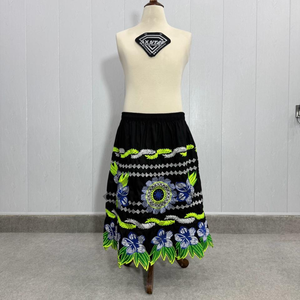 Wholesale Traditional Floral Embroidery Black Skirt Women <b>Elastic</b> Waist Boho Summer Midi Dress Ethnic Leaf Pattern Casual Skirts - Product Image 1