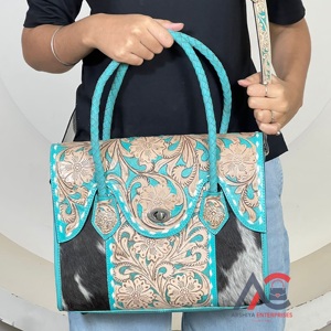 Sac à main en cuir de vachette véritable de haute qualité, turquoise, avec des détails en cuir travaillé, pour femmes, sac à bandoulière, sac fourre-tout, sac à main - Product Image 1