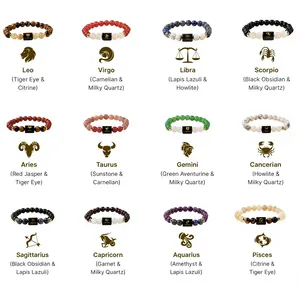 Pulsera de Piedras Preciosas Naturales de los 12 Signos del Zodiaco, Pulsera de Cuentas de Cristal de 8 mm con Signo de Nacimiento, para Hombre y Mujer, Venta al por Mayor - Product Image 1