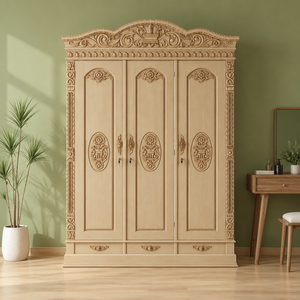 Armario Tradicional de Madera de 3 Puertas con Paneles Tallados y Puertas Abatibles con Cerradura para Dormitorio - Product Image 1