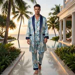 Bata de Baño Floral Azul Cielo para Hombre, Conjunto de Seda Mítica, Ropa de Estar de Lujo para Resort, Bata Estilo Kimono para Hombre - Product Image 1