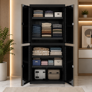 Armoire de rangement portable en plastique Naiba, 4 étagères, design bois gris, portes à panneaux plats avec miroir pour un rangement gain de place - Product Image 2