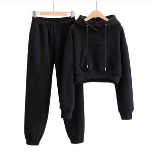 Top Premium Quality Two Piece Women's Casual Tracksuit Cropped Hoodie and <b>Flared</b> <b>Sweatpants</b> Solid Pattern Winter Wear Streetwear - Product Image 1