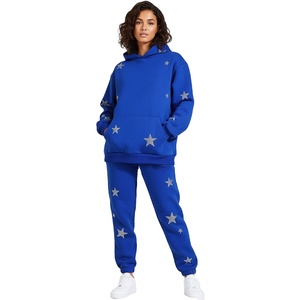 <b>Women</b> Blue Solid 100% Cotton Eco-Friendly Pullover Hoodie Sweatpants Set Long Sleeve Hooded Sweatshirt <b>Jogger</b> Pants Two Piece - Product Image 1