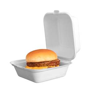 Contenedores de comida desechables pequeños de 6x6 pulgadas, resistentes, impermeables, ecológicos, tipo clamshell, compostables, de bagazo, con tapas. - Product Image 1