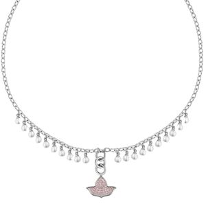 Silver Pearl Drop Chain <b>Necklace</b> with Twenty White Pearls <b>Pink</b> Bird Pendant Dangling Charm Elegant Women Fashion Jewelry - Product Image 3