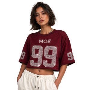 Y2K Bling Customized <b>Rhinestone</b> Boxy Fit American Football Jersey Unisex Sparkly Streetwear Crop <b>Top</b> and Oversize Tee <b>Mesh</b> Wear - Product Image 4