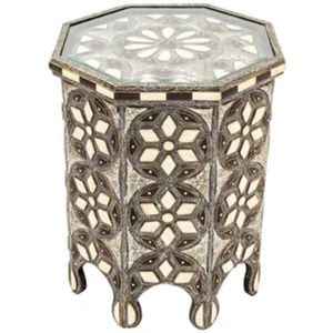 Mesas Marroquíes de Diseño Único con Base Redonda de Metal de Alta Calidad Chapado en Oro con Textura Martillada y Patas de Madera - Product Image 4