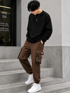 Pantalon cargo marron pour homme, taille élastique, plusieurs poches, style décontracté, tissu en toile, vêtements d'automne, pantalon cargo d'entraînement pour homme - Product Image 5