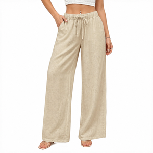 Pantalon ample pour femme en mélange de lin blanc, style cargo, avec cordon de serrage, pour tenue décontractée ou de soirée, faible MOQ - Product Image 4