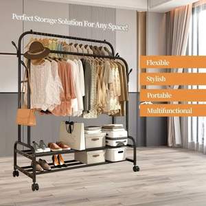 Appendiabiti Portatile Multifunzionale in Acciaio Inox a Doppia Barra con Ruote, Organizzatore per Guardaroba con Mensole e Ganci per Vestiti - Product Image 1