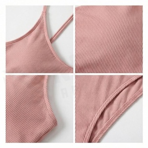 Ensemble bikini 2 pièces côtelé rose pour femme avec haut dos nu croisé et bas taille haute à cordon de serrage - Product Image 4