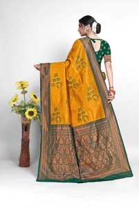 Sari en soie pour femme, bordure vert moutarde, tenue ethnique traditionnelle pour mariages et occasions festives, style Inde Pakistan, toutes saisons - Product Image 4