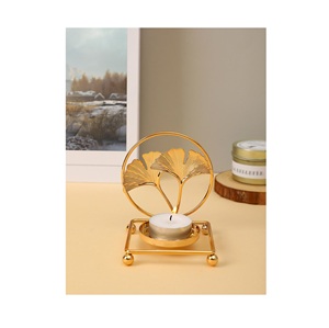 Gold Ginkgo Leaf <b>Tea</b> Light <b>Candle</b> Holder Modern Circular Metal Votive Stand with Square Base for Home Decor Table Centerpiece - Product Image 1