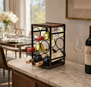 KHP Modern Industrial Wood and Iron Countertop Wine Rack 6-Bottle <b>Tabletop</b> Holder Small Premium Wine Display Shelf for Home Bar - Product Image 2