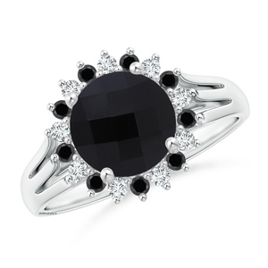 Anillo de Compromiso Clásico con Halo de Diamantes Negros y Blancos Naturales Redondos para Mujer, Oro de 10K, 14K, 18K, Plata 925, 935 - Product Image 4