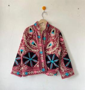Premium Pink <b>Velvet</b> Suzani Embroidered <b>Jacket</b> with Floral Pattern Stand Collar Full Sleeves Boho Chic <b>Women's</b> Winter Coat - Product Image 1