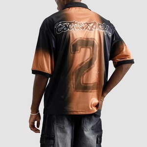 Polo Homme Oversize Streetwear à Manches Courtes, Motif Imprimé Dégradé Noir Orange, en Polyester Tissé avec Logo Frontal - Product Image 6