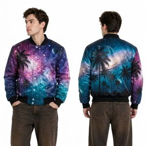 Chaqueta de Satén Azul Galaxy Forest para Hombre, Diseño Cósmico de Bosque, Tela de Satén Suave, Cierre Completo, Chaquetas Casuales Premium - Product Image 1